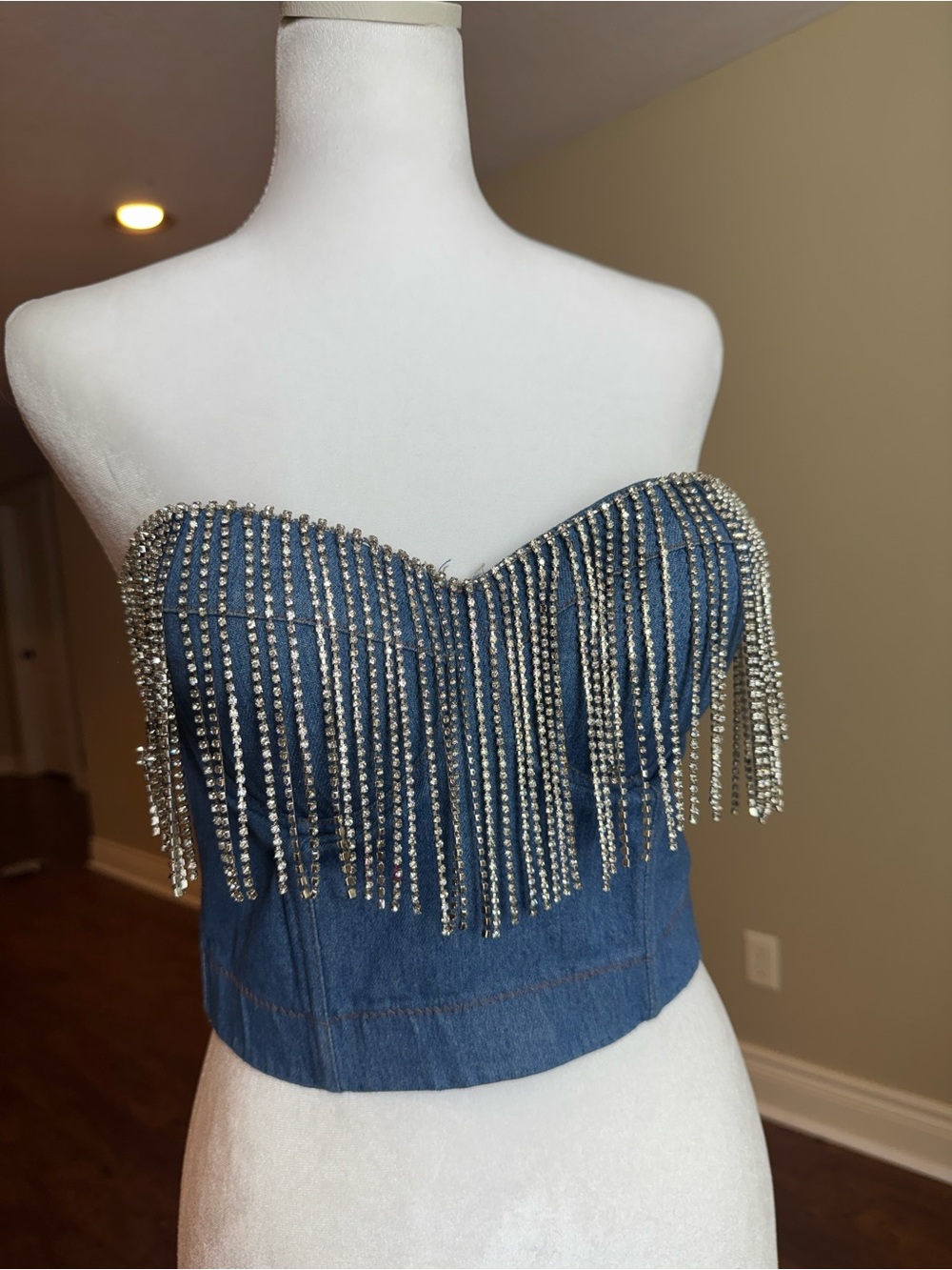 Rhinestone Fringe Denim Strapless Crop Top - Blue
